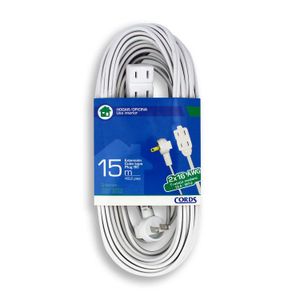 Extensión Eléctrica con 3 tomas, con configuracion NEMA 1-15 para su plug macho y hembra, esta está provista con un plug a 90° - CORDS