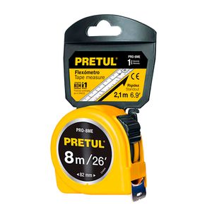 Flexómetro amarillo 8 m cinta 25 mm, en tarjeta - PRETUL