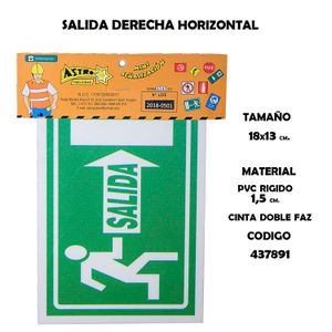 Letrero rígido de 18 cm x 13 cm horizontal con mensaje SALIDA DERECHA - ASTRO PUBLICIDAD
