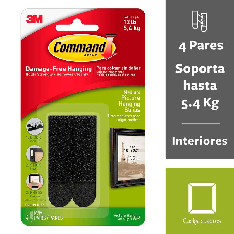 Tiras adhesivas para colgar cuadros de 45 x 60 cm con un peso de hasta 11  lbs; pack x 4 pares Blister 1U