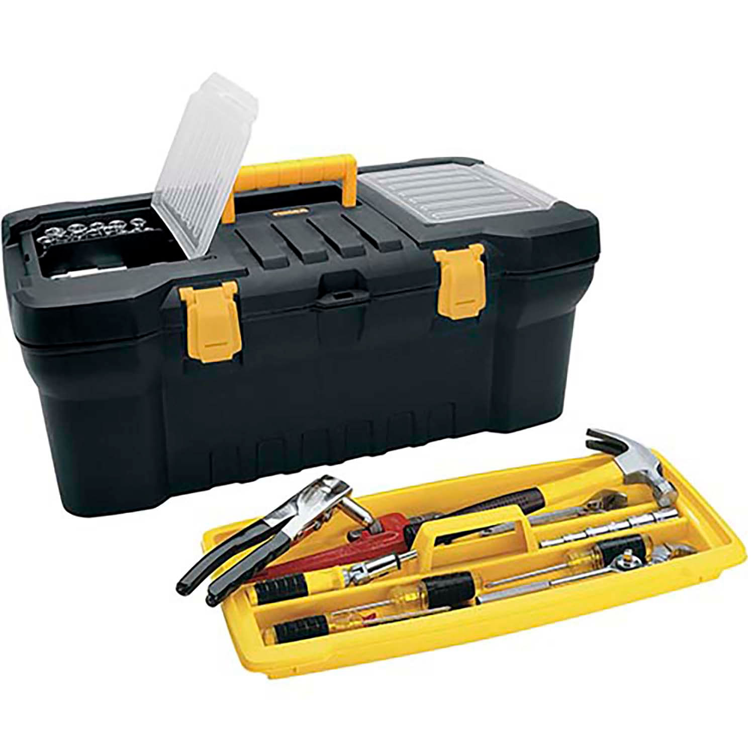 Caja de herramientas de 24 pulgadas con 2 compartimentos superiores,  bandeja desmontable y ganchos metálicos de seguridad 1U