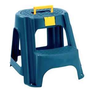 Escalera de 2 escalones con base y patas antideslizantes. Su escalón superior cuenta con un baúl portaherramientas - RIMAX