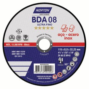 Disco de corte para acero BD08 de 4-1/2" de diametro, 22mm orificio central y 0.8 mm de espesor - NORTON