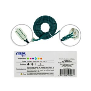 Extensión Eléctrica con 3 tomas, con configuracion NEMA 1-15 para su plug macho y hembra, esta está provista con un plug a 90° - CORDS COLORS