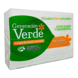 Toallas de manos dispensadas tipo Z de hoja extra suave y absorbente; pack x 175 hojas - GENERACIÓN VERDE