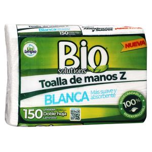 Toallas de manos dispensadas tipo Z de doble hoja laminada; pack x 150 hojas - BIO SOLUTIONS