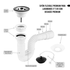 Sifón flexible extensible con desagüe para lavabo / lavamanos de 1 1/4" - YETKA