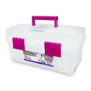 Caja cosmetiquera plástica de 16 pulgadas de 9 servicios con bandeja extraíble con tapa y espejo de vanidad - RIMAX