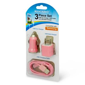Kit de cargadores de viaje que contiene: 1 cable micro USB, 1 cargador de corriente y 1 cargador para auto; pack x 3 - KOCASO