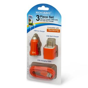 Kit de cargadores de viaje que contiene: 1 cable micro USB, 1 cargador de corriente y 1 cargador para auto; pack x 3 - KOCASO