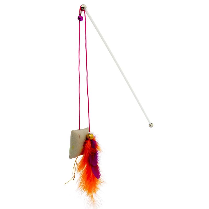 Juguete-para-gato-tipo-varita-con-2-tiras-de-nylon-con-plumas-de-colores-y-un-mini-cojin-de-textura-suabe
