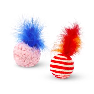 Juguete para gato con una pelota tipo peluche con plumas y otra pelota tejida más rígida con plumas suaves; pack x 2 - VANDER PET
