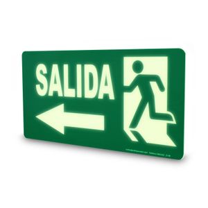 Letrero fotoluminiscente de 30 x 15 de estructura rígida con señalética estandarizada de SALIDA hacia la IZQUIERDA - SAFETY ECUADOR