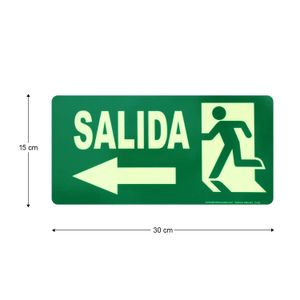 Letrero fotoluminiscente de 30 x 15 de estructura rígida con señalética estandarizada de SALIDA hacia la IZQUIERDA - SAFETY ECUADOR
