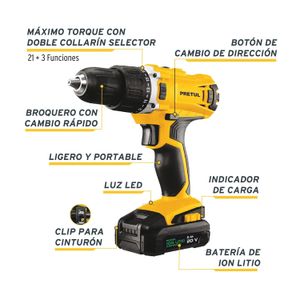 Taladro inalámbrico 1/2", 20 V
- PRETUL