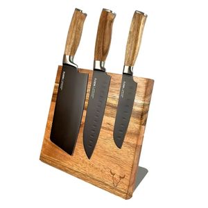 Juego magnético de cuchillos de acero inoxidable con titanio. Incluye 3 cuchillos y 1 base magnética de madera - WAYU