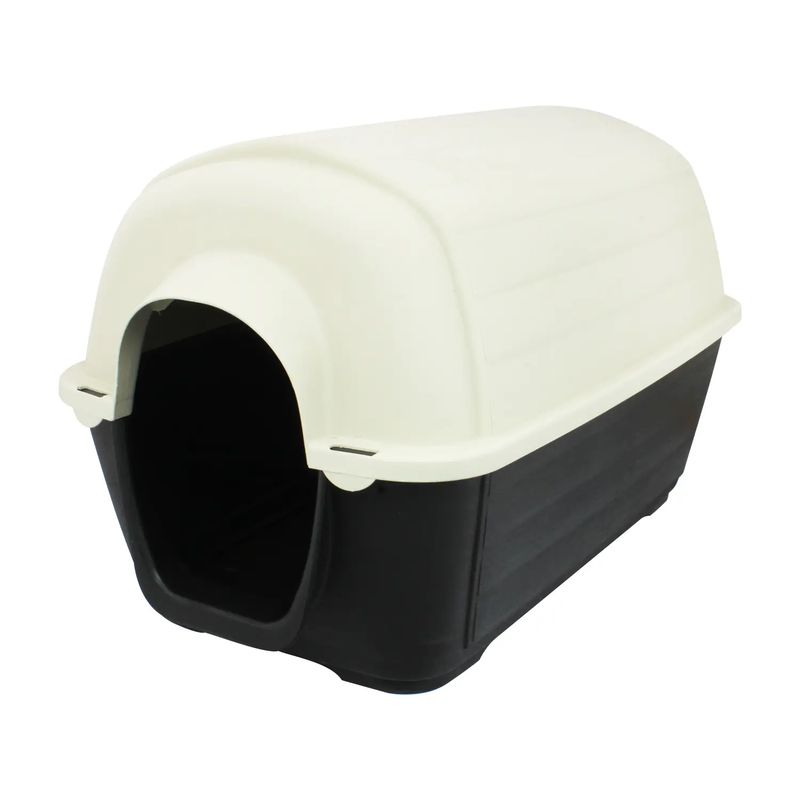 Casa-para-perros-PEQUEÑA-plastica-con-techo-circular-tipo-tubular.-Diseño-tipo-granero-con-puerta-central