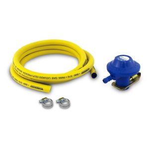 Kit regulador de GLP de uso doméstico. CONTIENE: 1 regulador de GLP + 1 manguera reforzada de 2 m y 2 abrazaderas - KEELGAS