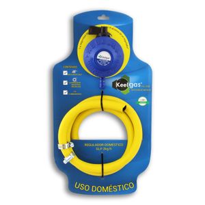 Kit regulador de GLP de uso doméstico. CONTIENE: 1 regulador de GLP + 1 manguera reforzada de 2 m y 2 abrazaderas - KEELGAS