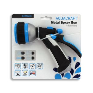 Pistola pulverizadora de agua PREMIUM metálica con empuñadura ergonómica de agarre confortable con 4 patrones de rociado - AQUACRAFT