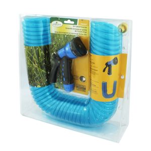 Juego de manguera plástica espiral de 15.2 m con conectores metálicos. Incluye pistola de rociado de 10 patrones - LANDSCAPERS