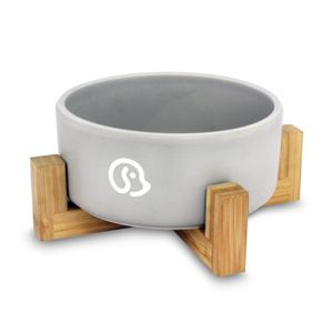 Plato para perro cerámico de 15.5 cm con base de bambú. Ideal para colocar en el croquetas, agua u otro tipo de alimento - VIDA DE PERRO