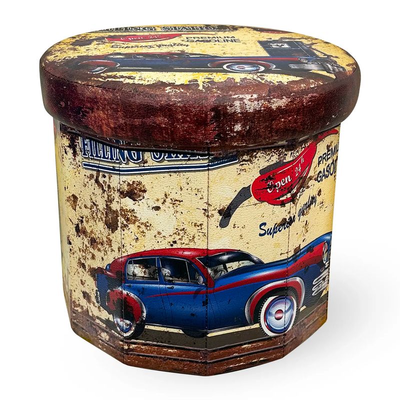 Pouffe-de-almacenamiento-redondo-con-diseño-de-AUTO-CLASICO-de-los-60s-de-38-x-38-x-38-cm-ya-desplegado.-Resiste-136-kg
