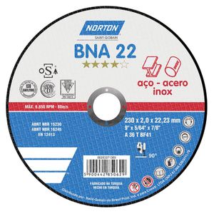 Disco de corte para acero BNA 22 de 9" de diametro, 22mm orificio central y 2.2mm de espesor - NORTON