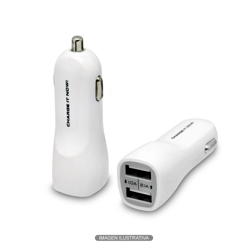 Cargador-para-auto-plastico-con-doble-entrada-de-carga-USB-tipo-A-de-1.0-Amp-y-2.1-Amp.-Diseño-compacto.