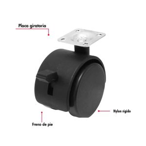 Garrucha de 2 pulgadas con 2 llantas de nylon rígido, plataforma 360º y freno de pie. CARGA LIVIANA de 30 kg. - WRT