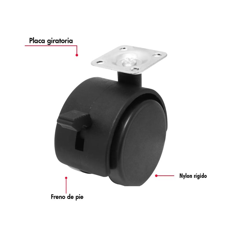 Garrucha-de-2-pulgadas-con-2-llantas-de-nylon-rigido-plataforma-360º-y-freno-de-pie.-CARGA-LIVIANA-de-30-kg.