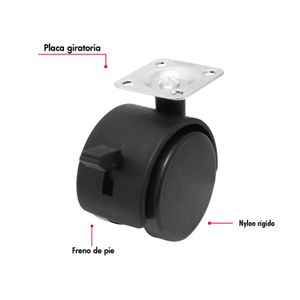 Garrucha de 1-1/2 pulgada con 2 llantas de nylon rígido, plataforma 360º y freno de pie. CARGA LIVIANA de 25 kg. - WRT