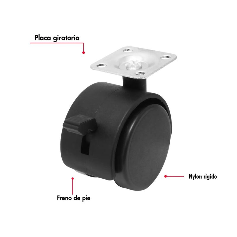 Garrucha-de-1-1-2-pulgada-con-2-llantas-de-nylon-rigido-plataforma-360º-y-freno-de-pie.-CARGA-LIVIANA-de-25-kg.