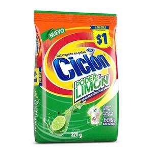 Detergente en polvo PODER LIMÓN. Elimina malos olores, remueve manchas y elimina ácaros y bacterias; 320 gr - CICLÓN