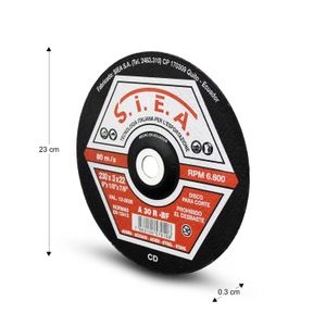 Disco de corte de metal de 9 pulgadas o 23 cm x 0.3 cm de grosor y eje deprimido de 2.3 cm. Soporta 6.600 RPM. - SIEA