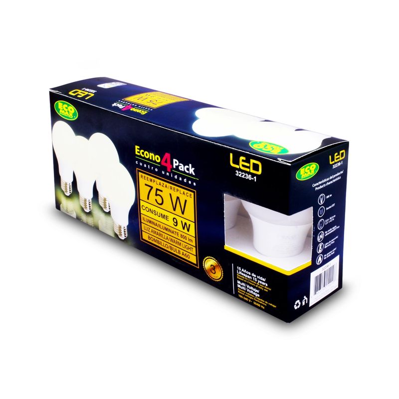 Bombillo LED E27 A60 9W luz cálida 4 unidades