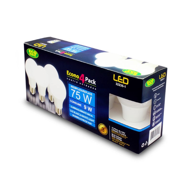 Pack-de-focos-LED-con-base-E27.-CARACTERISTICAS--9W-Luz-blanca-de-dia-800-lumens-vida-util-15.000-horas--pack-x-4