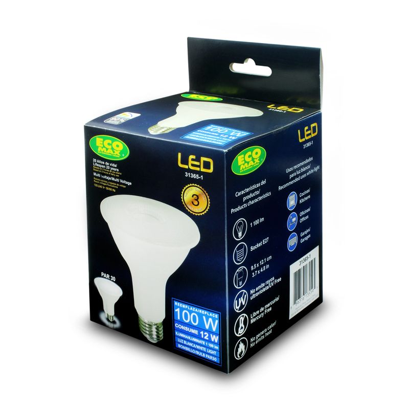 Foco-LED-PAR30-con-base-E27.-CARACTERISTICAS--12W-Luz-blanca-de-dia-1100-lumens-vida-util-20.000-horas.