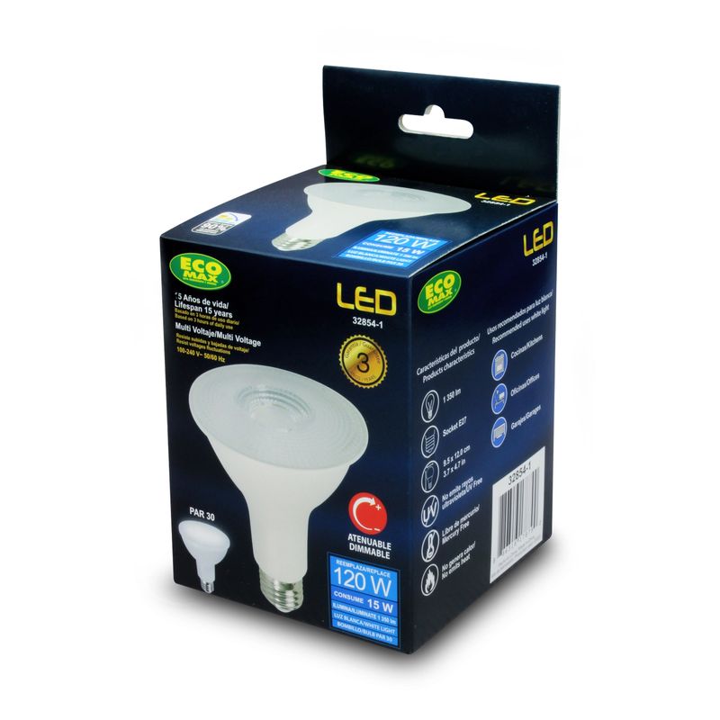 Foco-LED-PAR30-con-base-E27.-CARACTERISTICAS--15W-Luz-blanca-atenuable-1350-lumens-vida-util-15.000-horas.