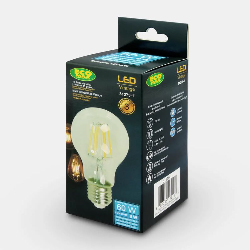 Foco-LED-con-filamento-VINTAGE-y-base-E27.-CARACTERISTICAS--6W-Luz-blanca-700-lumens-vida-util-15.000-horas.