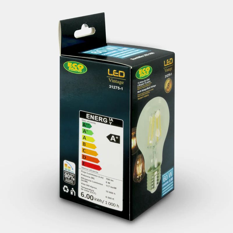 Foco-LED-con-filamento-VINTAGE-y-base-E27.-CARACTERISTICAS--6W-Luz-blanca-700-lumens-vida-util-15.000-horas.