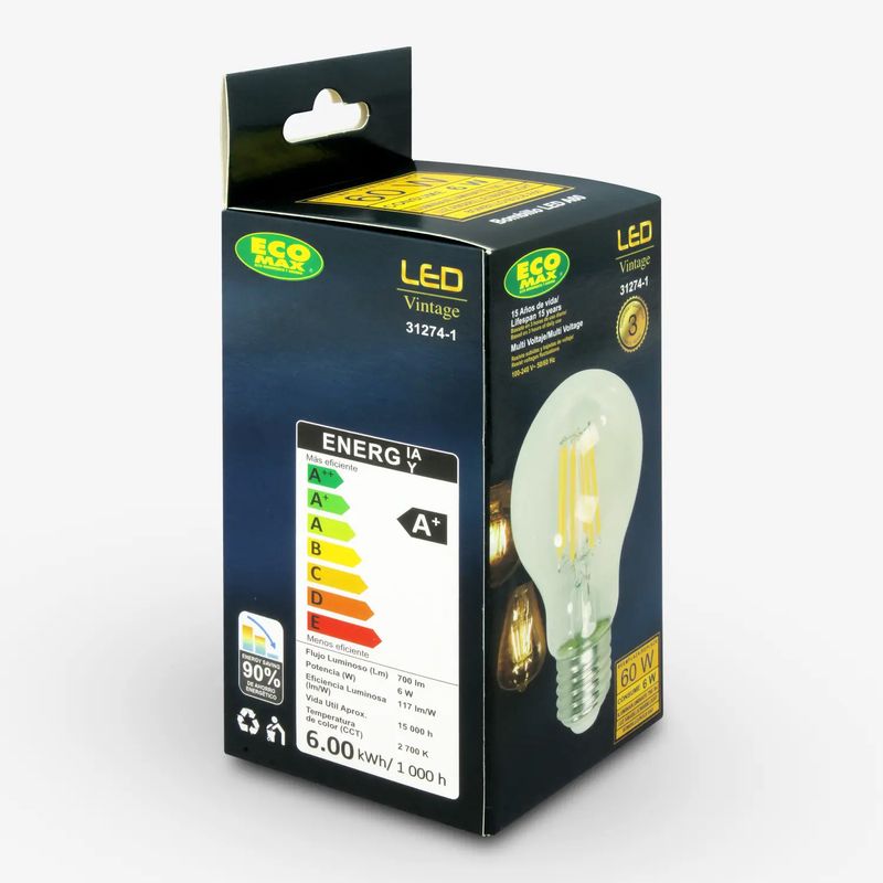 Foco-LED-con-filamento-VINTAGE-y-base-E27.-CARACTERISTICAS--6W-Luz-amarilla-700-lumens-vida-util-15.000-horas.