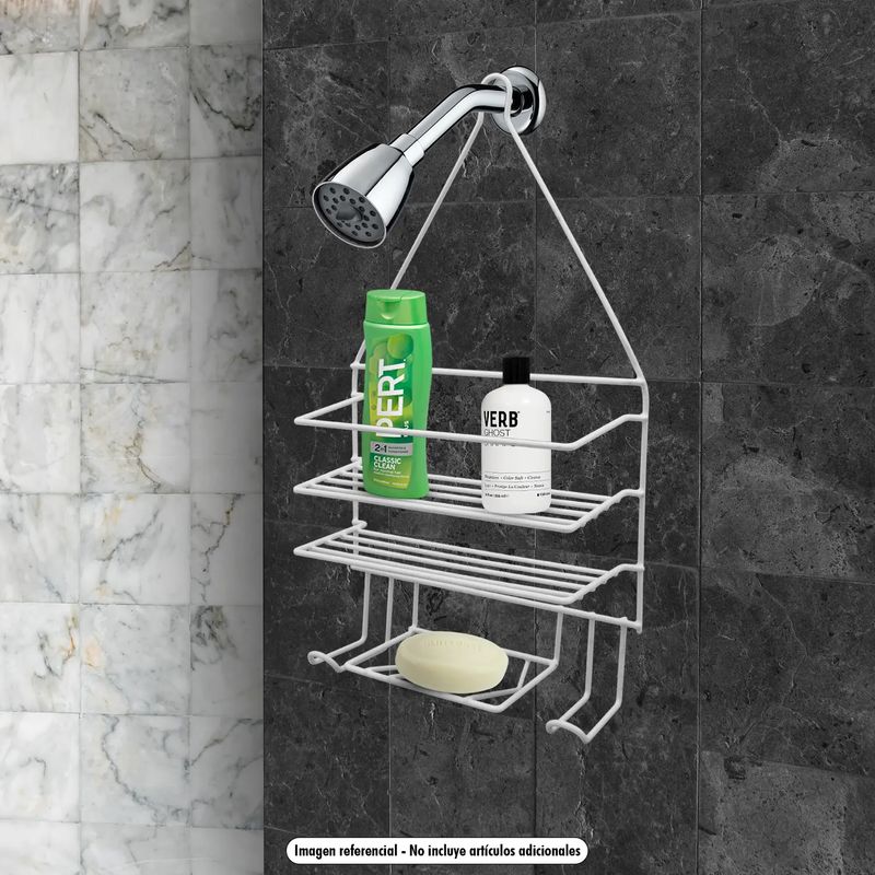 Organizador-colgante-de-baño-metalico-recubierto-en-PVC-con-2-niveles-jabonera-y-2-colgadores-multiusos.