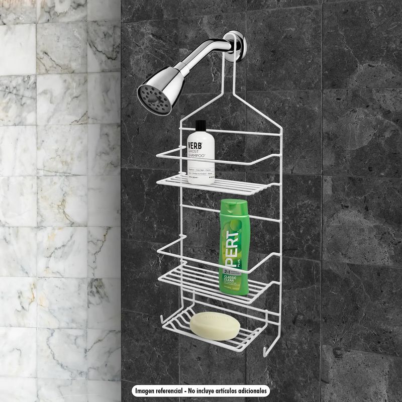 Organizador colgante de baño metálico recubierto en PVC con 2 niveles,  jabonera y 2 colgadores multiusos.