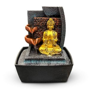 Fuente de agua de 20 x 23.3 x 24 cm. Elaborada en poliresina rígida de diseño de fuente tipo Buda Dorado - K HOME