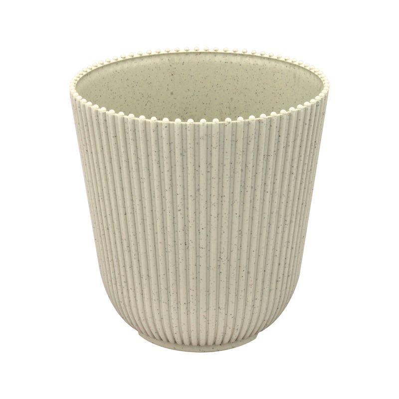 Maceta-redonda-pequeña-de-11.5-cm-de-diametro-con-diseño-de-lineas-verticales-de-alto-relieve.-Gris-K-HOME