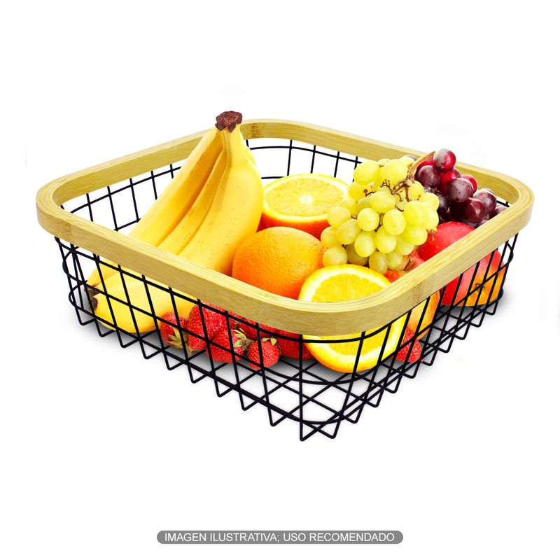 Cesto-frutero-fabricado-con-varillas-de-acero-inoxidable-y-borde-decorativo-de-madera-de-bambu.-Negro-con-amarillo-K-HOME
