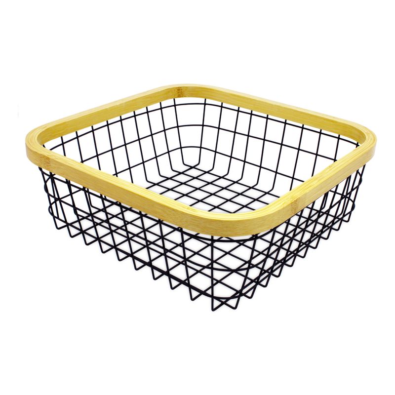 Cesto-frutero-fabricado-con-varillas-de-acero-inoxidable-y-borde-decorativo-de-madera-de-bambu.-Negro-con-amarillo-K-HOME