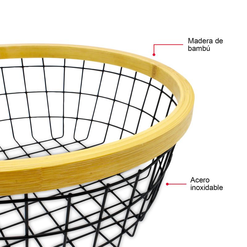 Cesto-frutero-de-30.5-cm-de-diametro-fabricado-con-varillas-de-acero-inoxidable-y-borde-decorativo-de-madera-de-bambu.-Negro-con-amarillo-K-HOME
