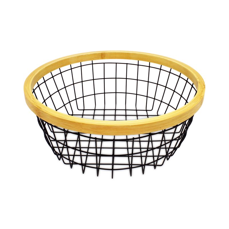 Cesto-frutero-de-30.5-cm-de-diametro-fabricado-con-varillas-de-acero-inoxidable-y-borde-decorativo-de-madera-de-bambu.-Negro-con-amarillo-K-HOME